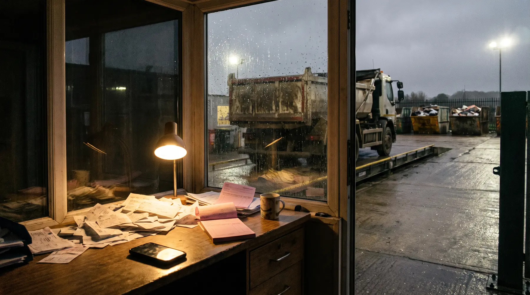 A weighbridge cabin at night covered in paper tickets